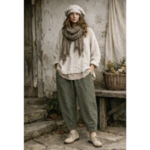 Poetry Linen Balloon Barrel Pants Green Size 14 Cropped Lagenlook Boho